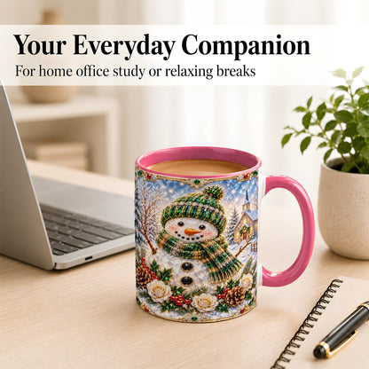 #pl[11oz|Pink] Green Snowman Coffee Mug, Winter Church Mug, Ceramic Cup