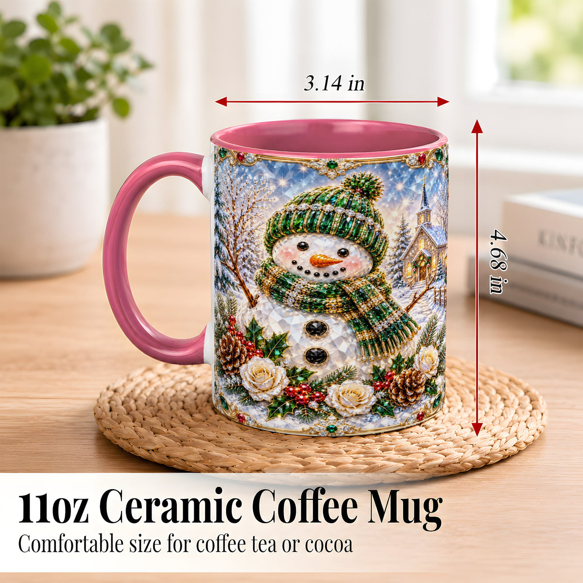 #pl[11oz|Pink] Green Snowman Coffee Mug, Winter Church Mug, Ceramic Cup