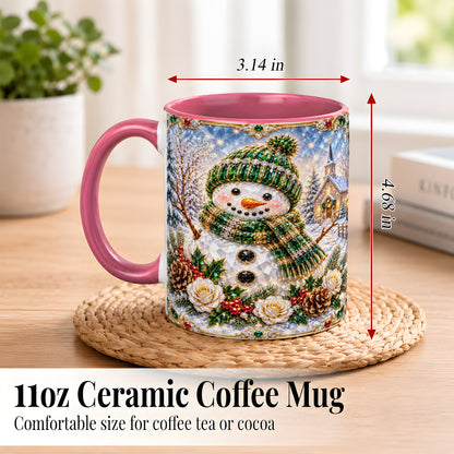 #pl[11oz|Pink] Green Snowman Coffee Mug, Winter Church Mug, Ceramic Cup