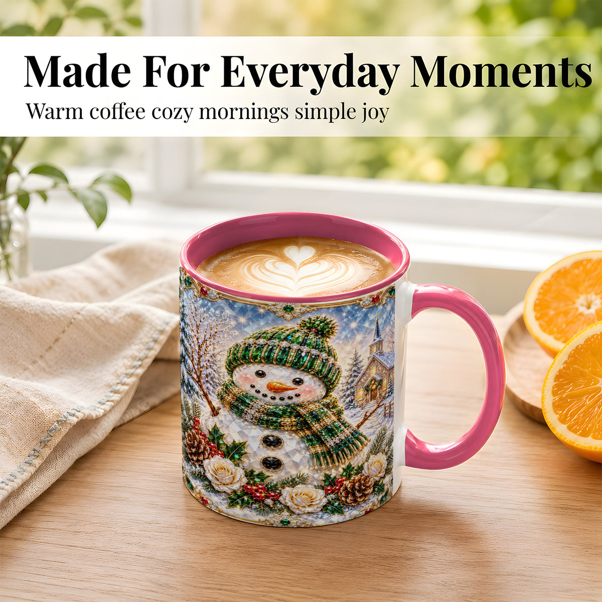 #pl[11oz|Pink] Green Snowman Coffee Mug, Winter Church Mug, Ceramic Cup