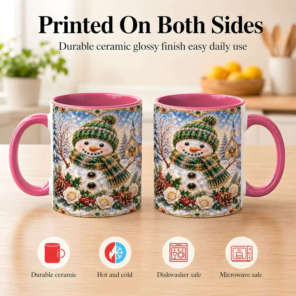 #pl[11oz|Pink] Green Snowman Coffee Mug, Winter Church Mug, Ceramic Cup