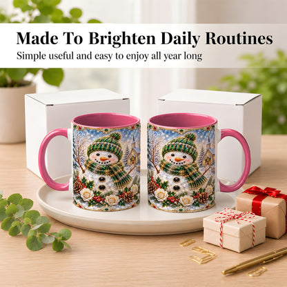 #pl[11oz|Pink] Green Snowman Coffee Mug, Winter Church Mug, Ceramic Cup