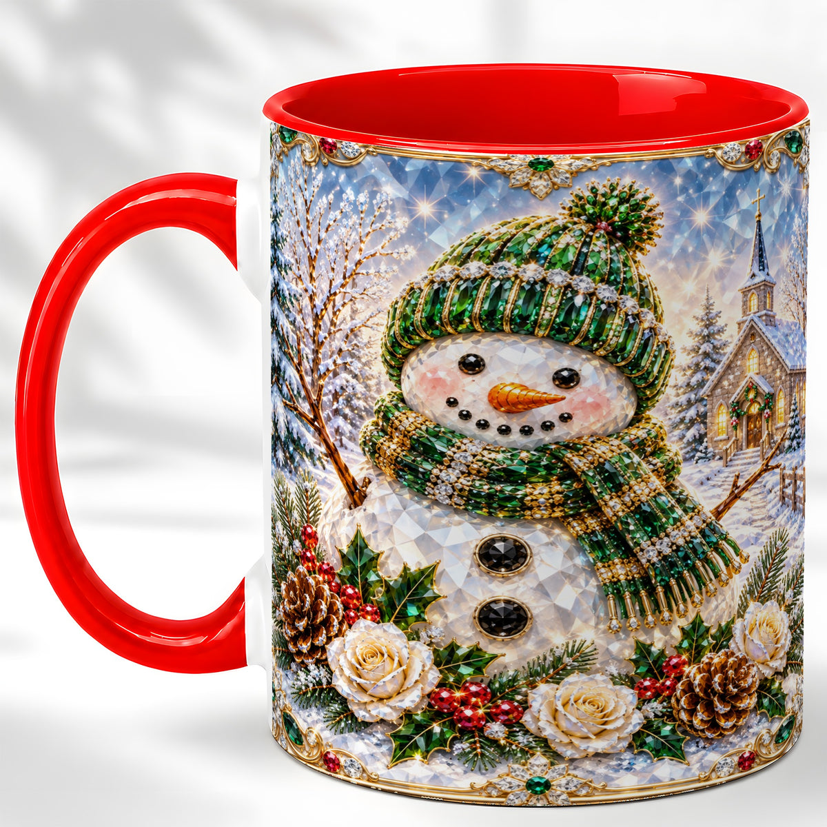 Green Snowman Coffee Mug, Winter Church Mug, Ceramic Cup