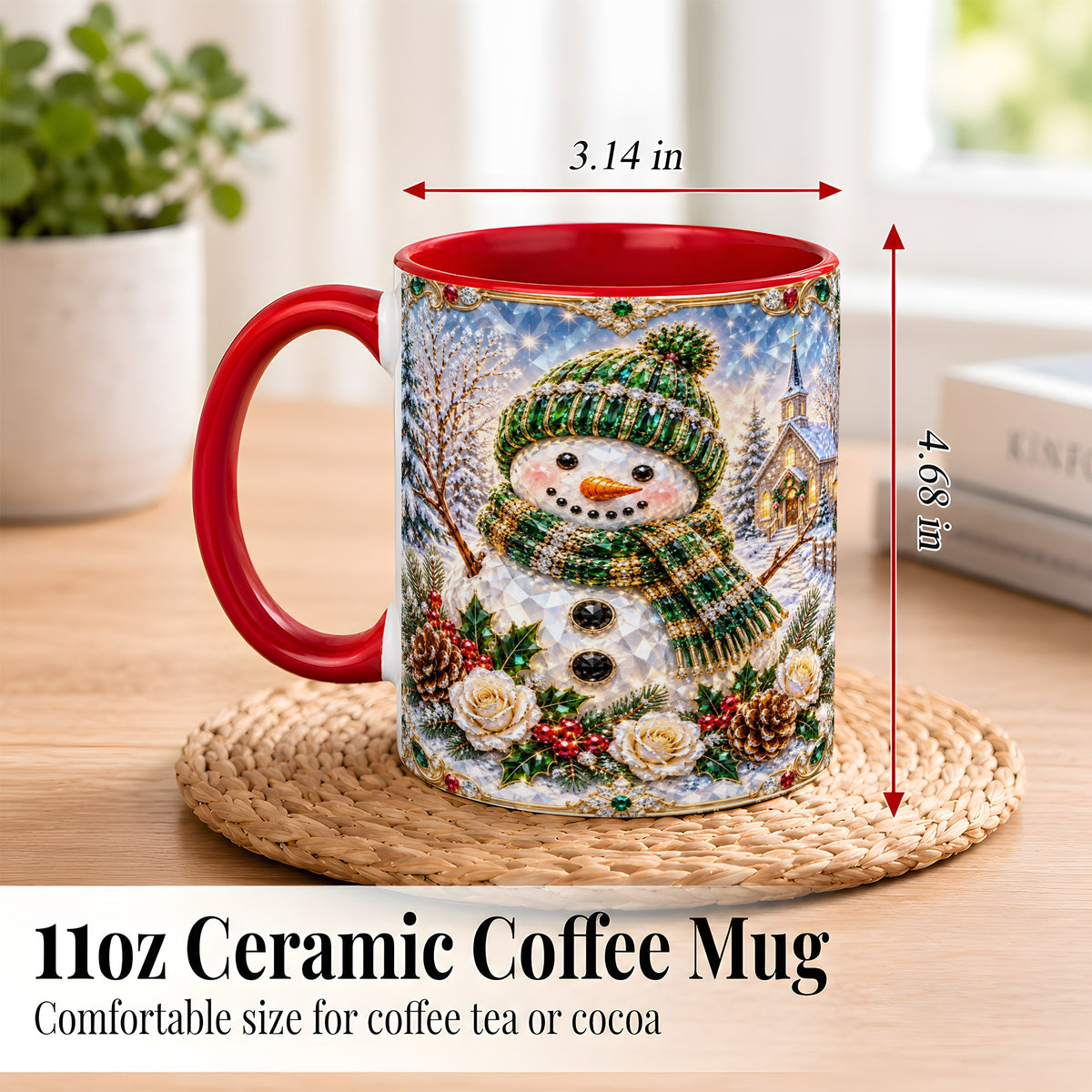#pl[11oz|Red] Green Snowman Coffee Mug, Winter Church Mug, Ceramic Cup