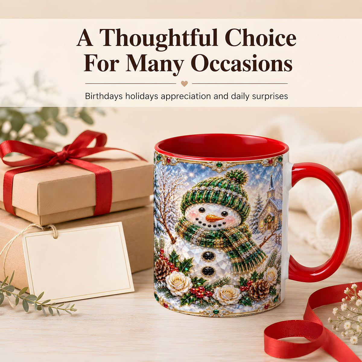 #pl[11oz|Red] Green Snowman Coffee Mug, Winter Church Mug, Ceramic Cup