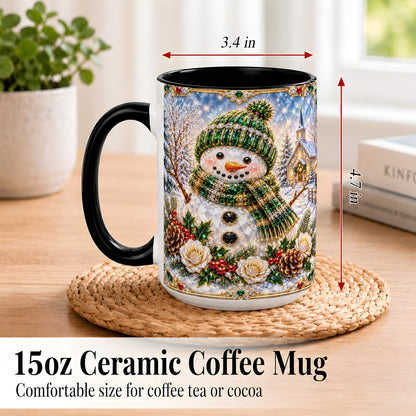 #pl[15oz|Black] Green Snowman Coffee Mug, Winter Church Mug, Ceramic Cup