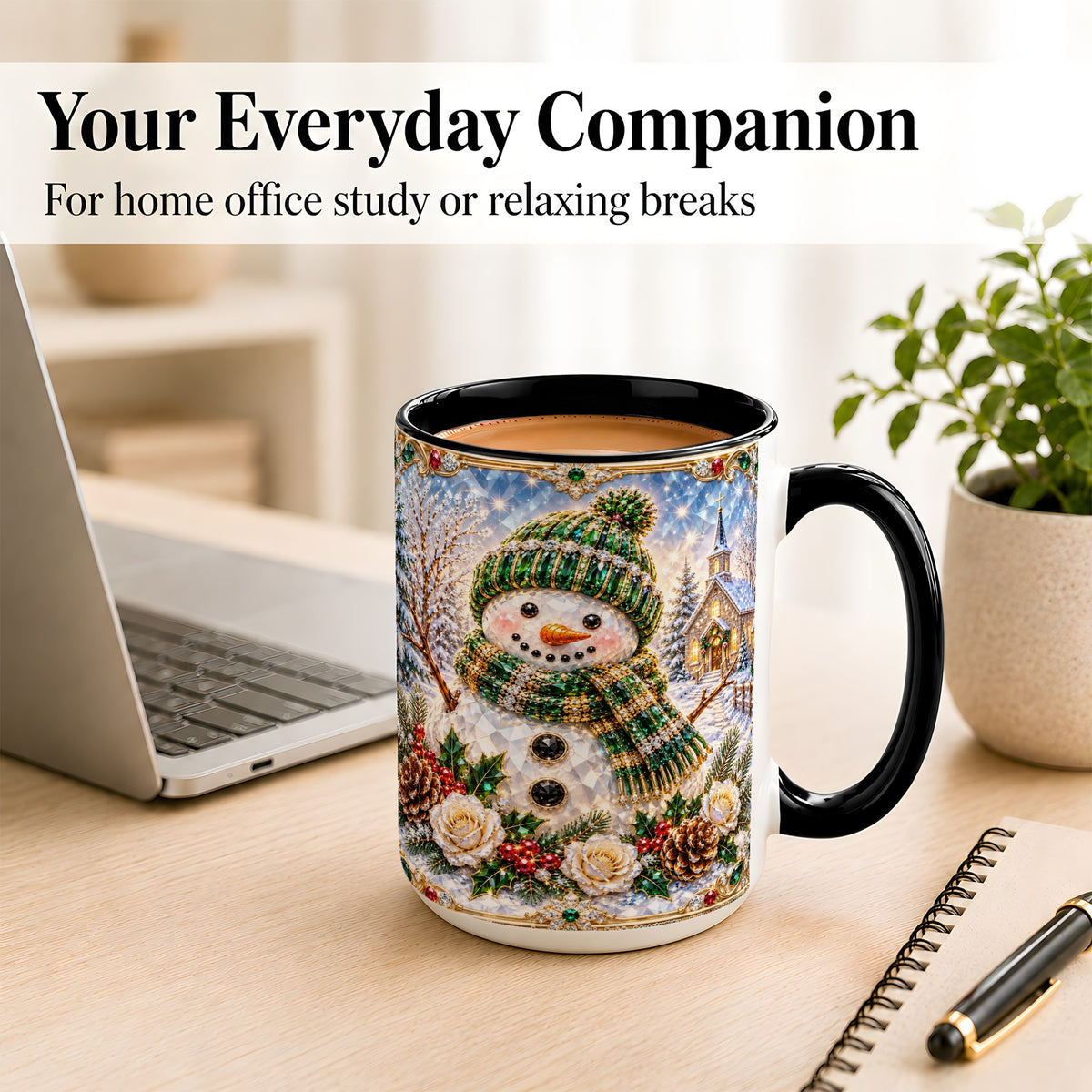 #pl[15oz|Black] Green Snowman Coffee Mug, Winter Church Mug, Ceramic Cup