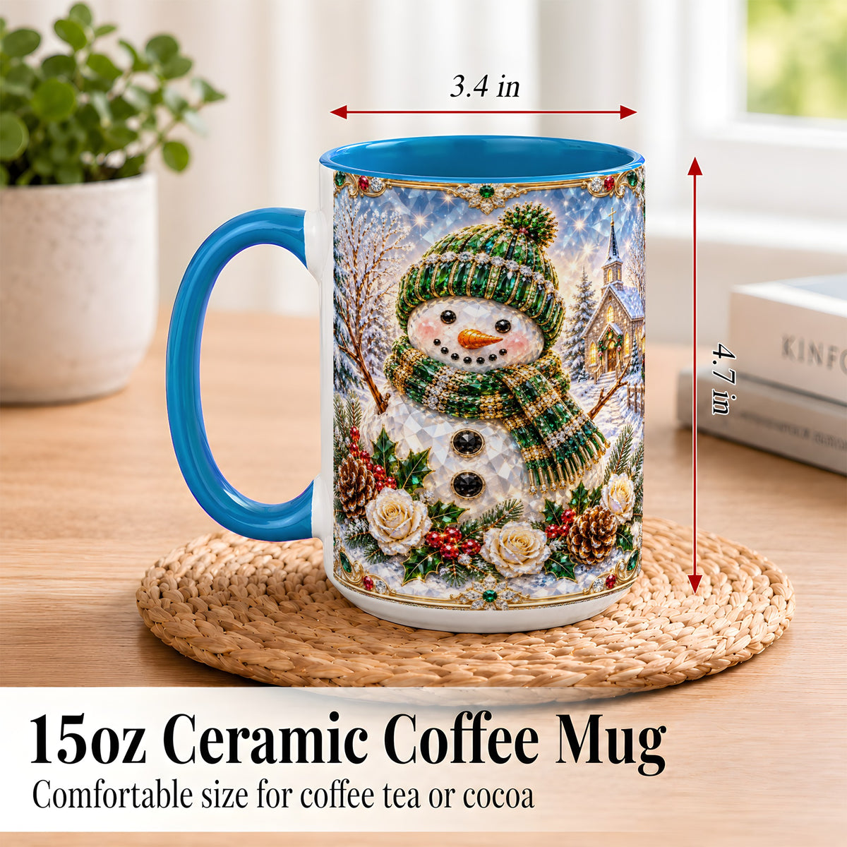 #pl[15oz|Blue] Green Snowman Coffee Mug, Winter Church Mug, Ceramic Cup