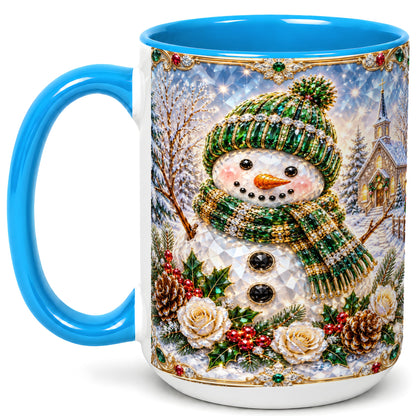 #pl[15oz|Blue] Green Snowman Coffee Mug, Winter Church Mug, Ceramic Cup