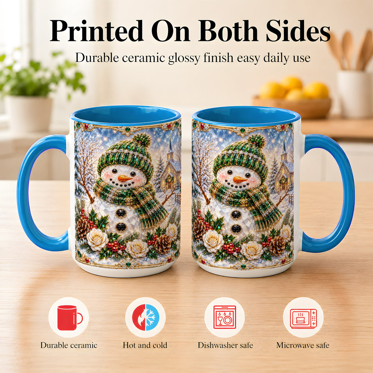 #pl[15oz|Blue] Green Snowman Coffee Mug, Winter Church Mug, Ceramic Cup