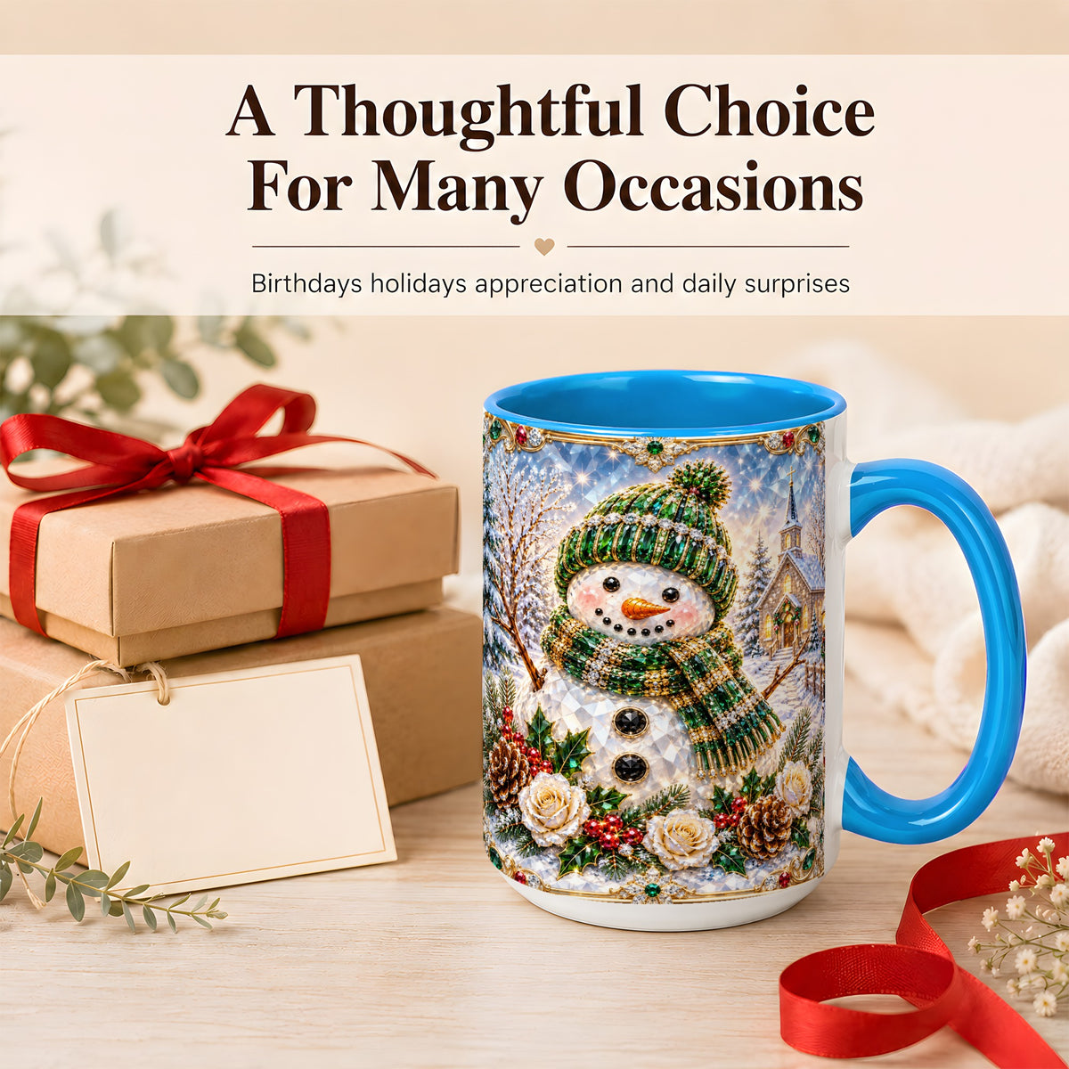 #pl[15oz|Blue] Green Snowman Coffee Mug, Winter Church Mug, Ceramic Cup