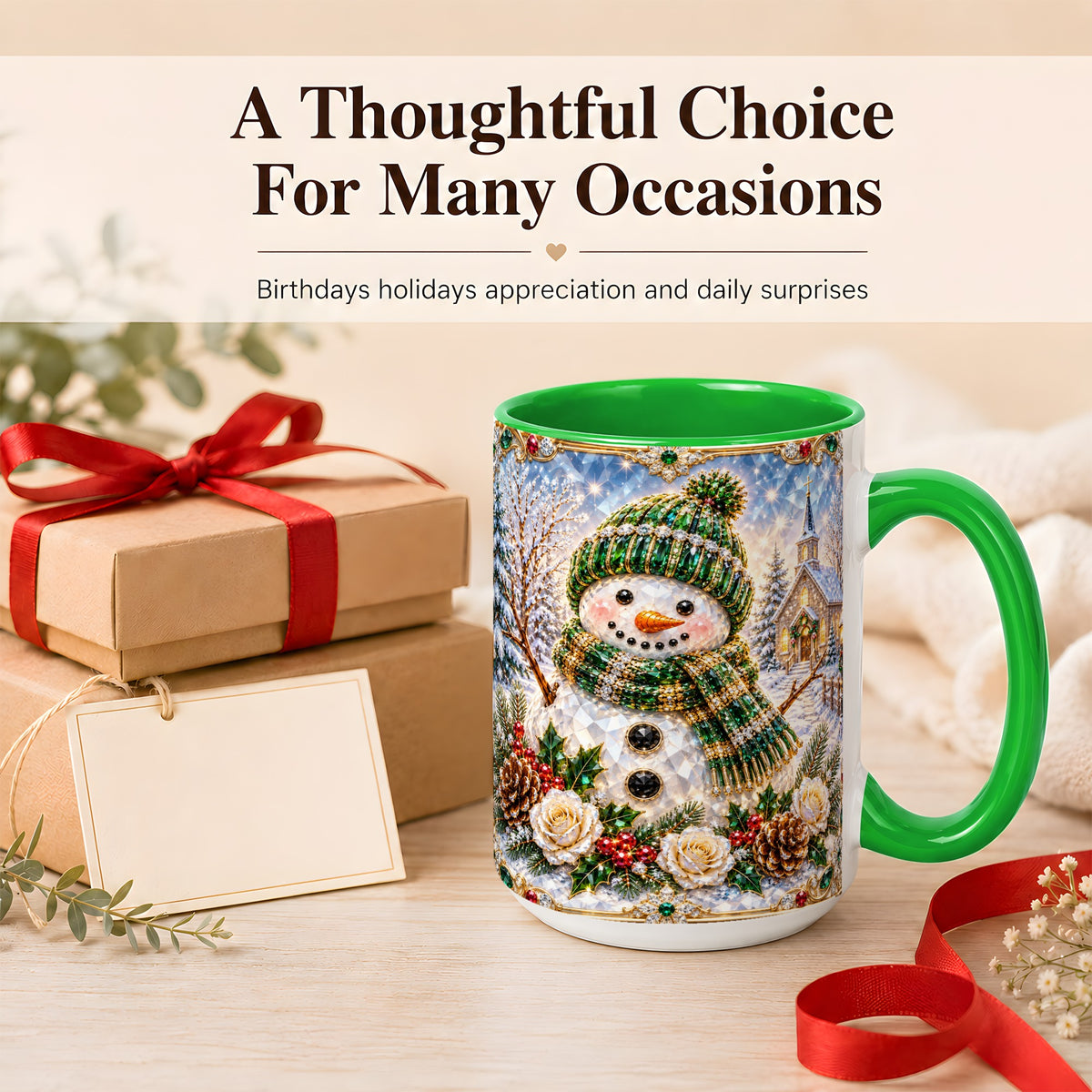 #pl[15oz|Green] Green Snowman Coffee Mug, Winter Church Mug, Ceramic Cup