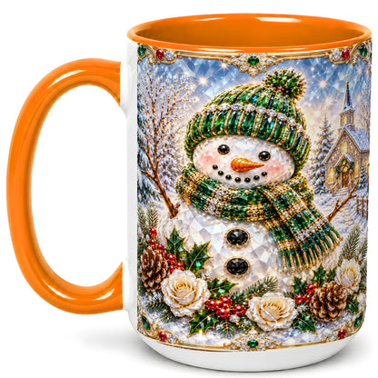 #pl[15oz|Orange] Green Snowman Coffee Mug, Winter Church Mug, Ceramic Cup