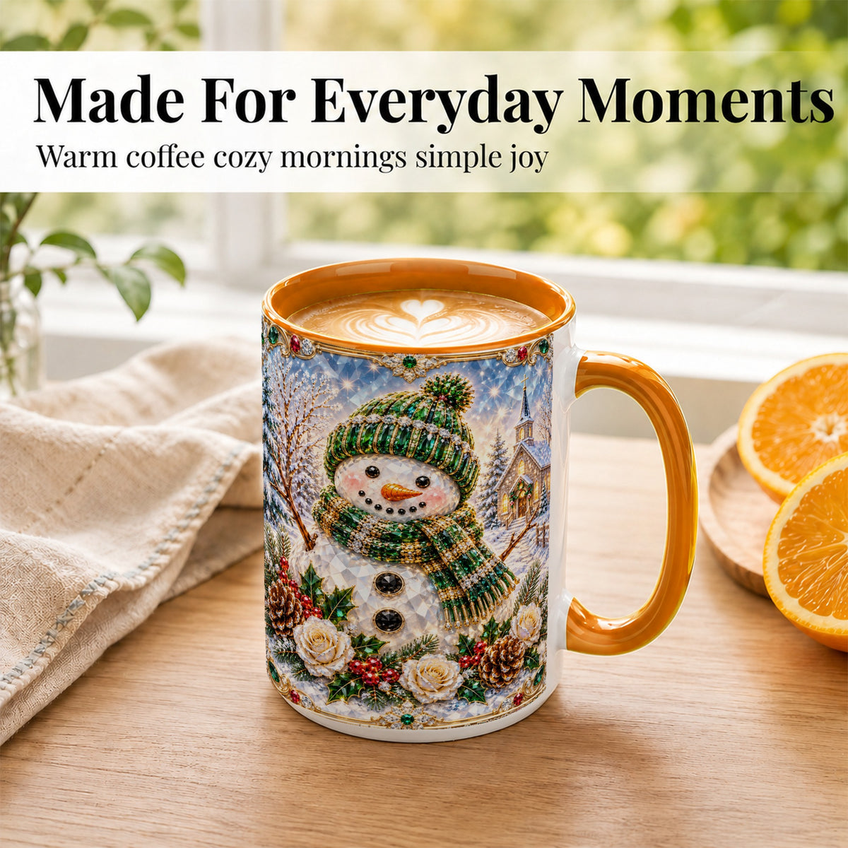 #pl[15oz|Orange] Green Snowman Coffee Mug, Winter Church Mug, Ceramic Cup