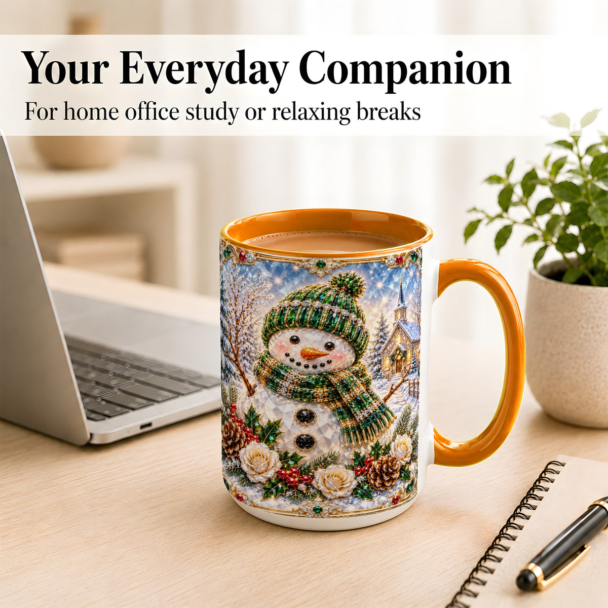 #pl[15oz|Orange] Green Snowman Coffee Mug, Winter Church Mug, Ceramic Cup