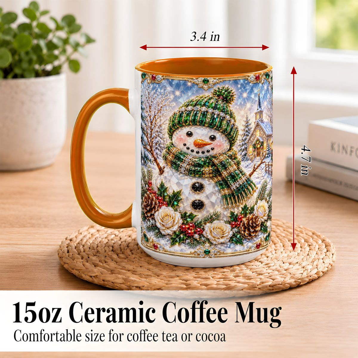 #pl[15oz|Orange] Green Snowman Coffee Mug, Winter Church Mug, Ceramic Cup