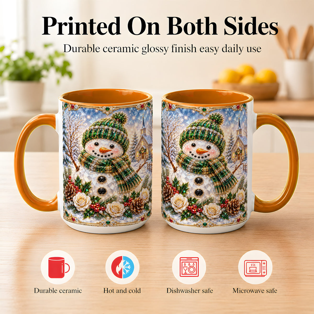 #pl[15oz|Orange] Green Snowman Coffee Mug, Winter Church Mug, Ceramic Cup
