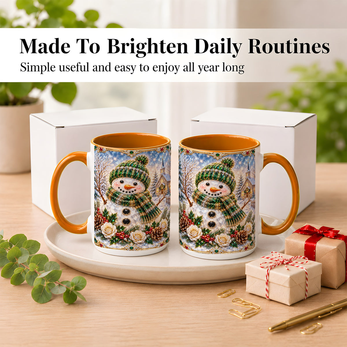 #pl[15oz|Orange] Green Snowman Coffee Mug, Winter Church Mug, Ceramic Cup