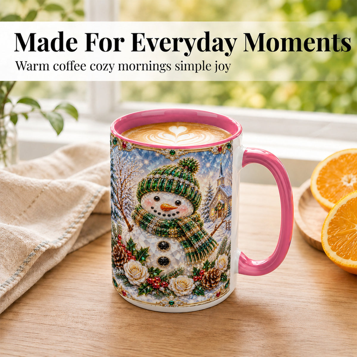 #pl[15oz|Pink] Green Snowman Coffee Mug, Winter Church Mug, Ceramic Cup