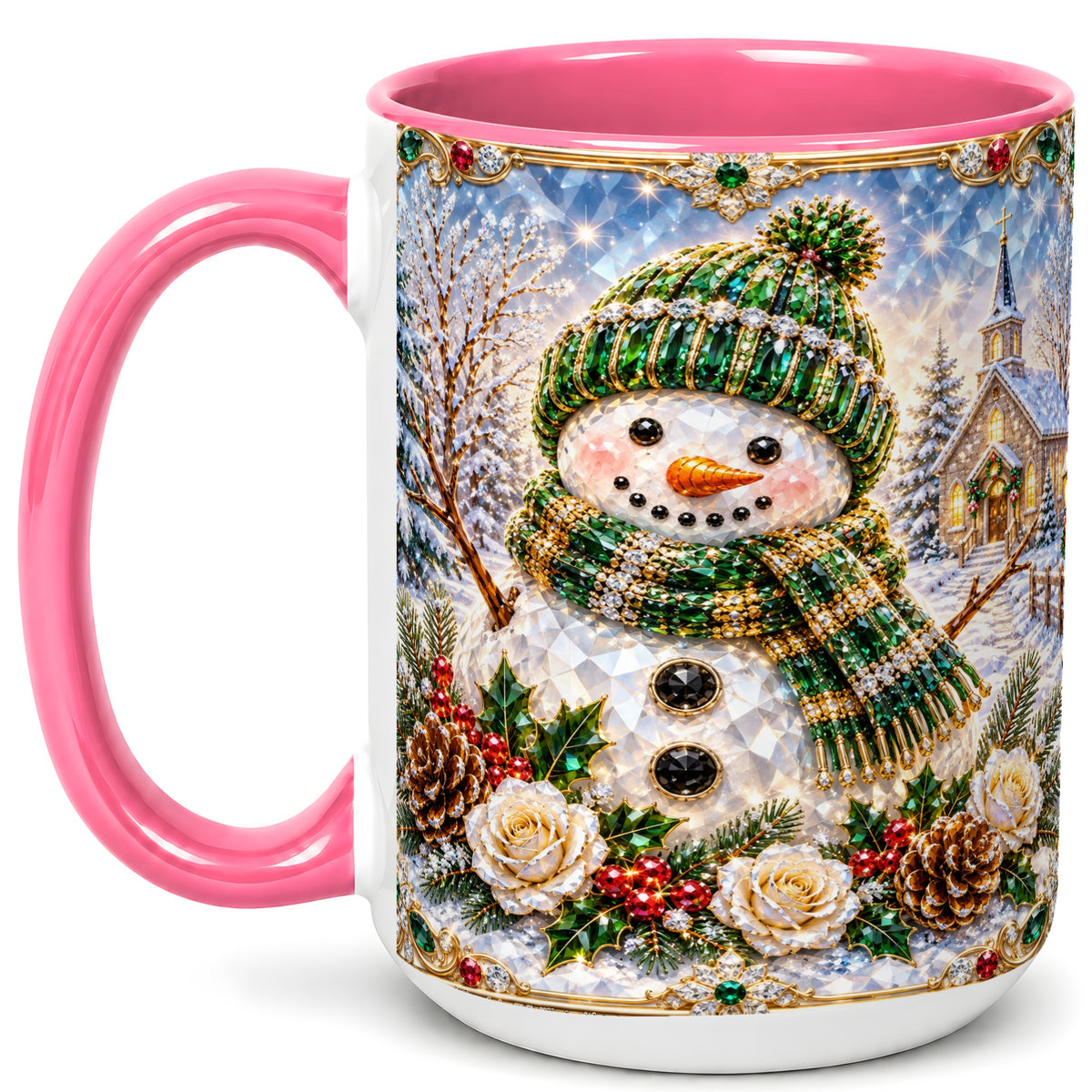 #pl[15oz|Pink] Green Snowman Coffee Mug, Winter Church Mug, Ceramic Cup