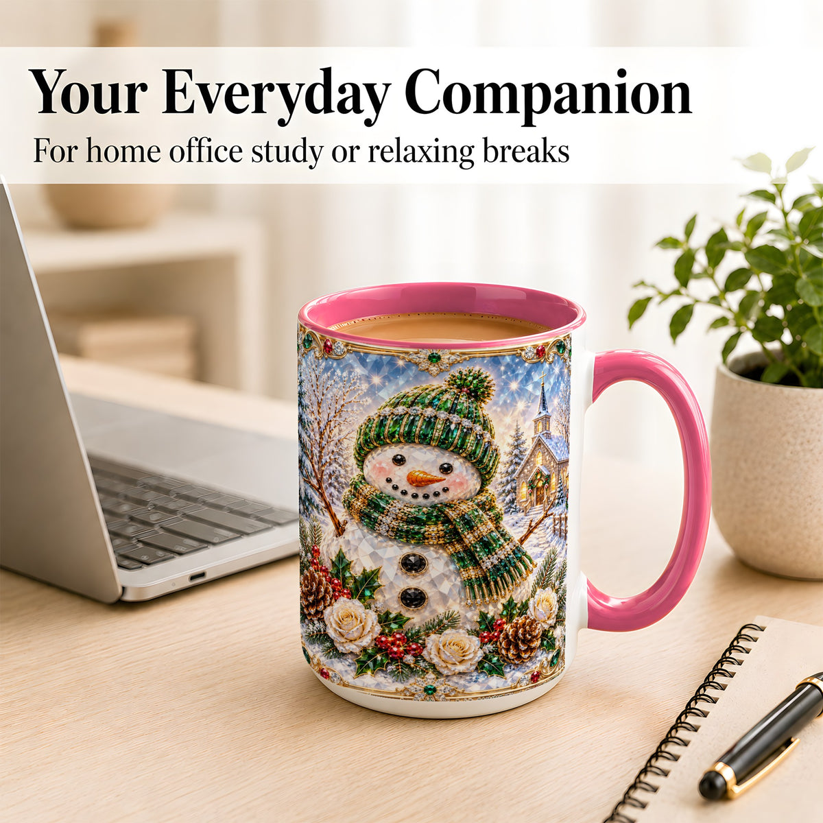 #pl[15oz|Pink] Green Snowman Coffee Mug, Winter Church Mug, Ceramic Cup