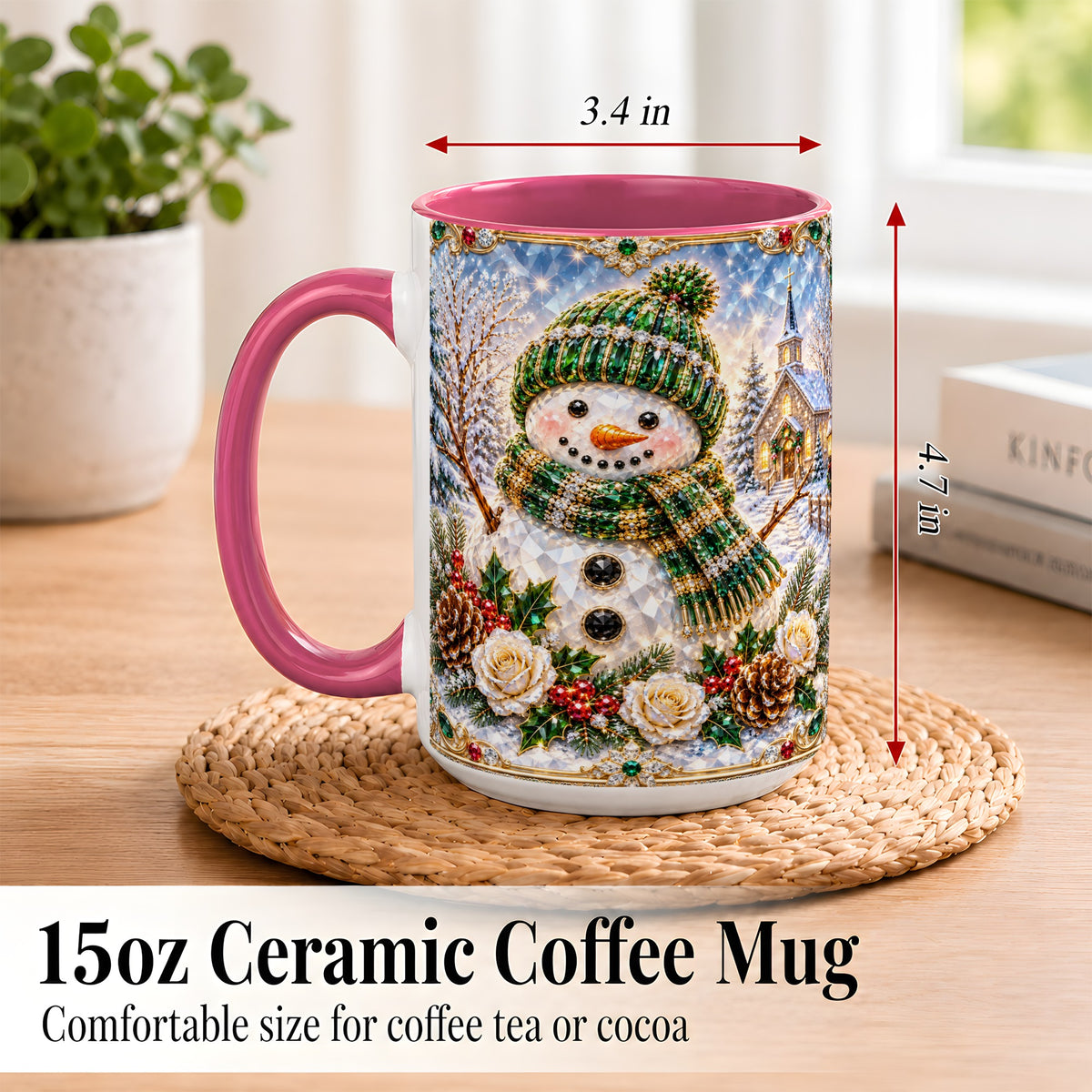#pl[15oz|Pink] Green Snowman Coffee Mug, Winter Church Mug, Ceramic Cup