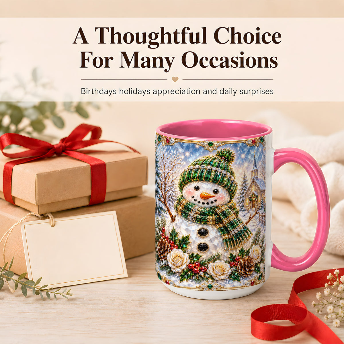 #pl[15oz|Pink] Green Snowman Coffee Mug, Winter Church Mug, Ceramic Cup