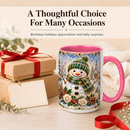 #pl[15oz|Pink] Green Snowman Coffee Mug, Winter Church Mug, Ceramic Cup