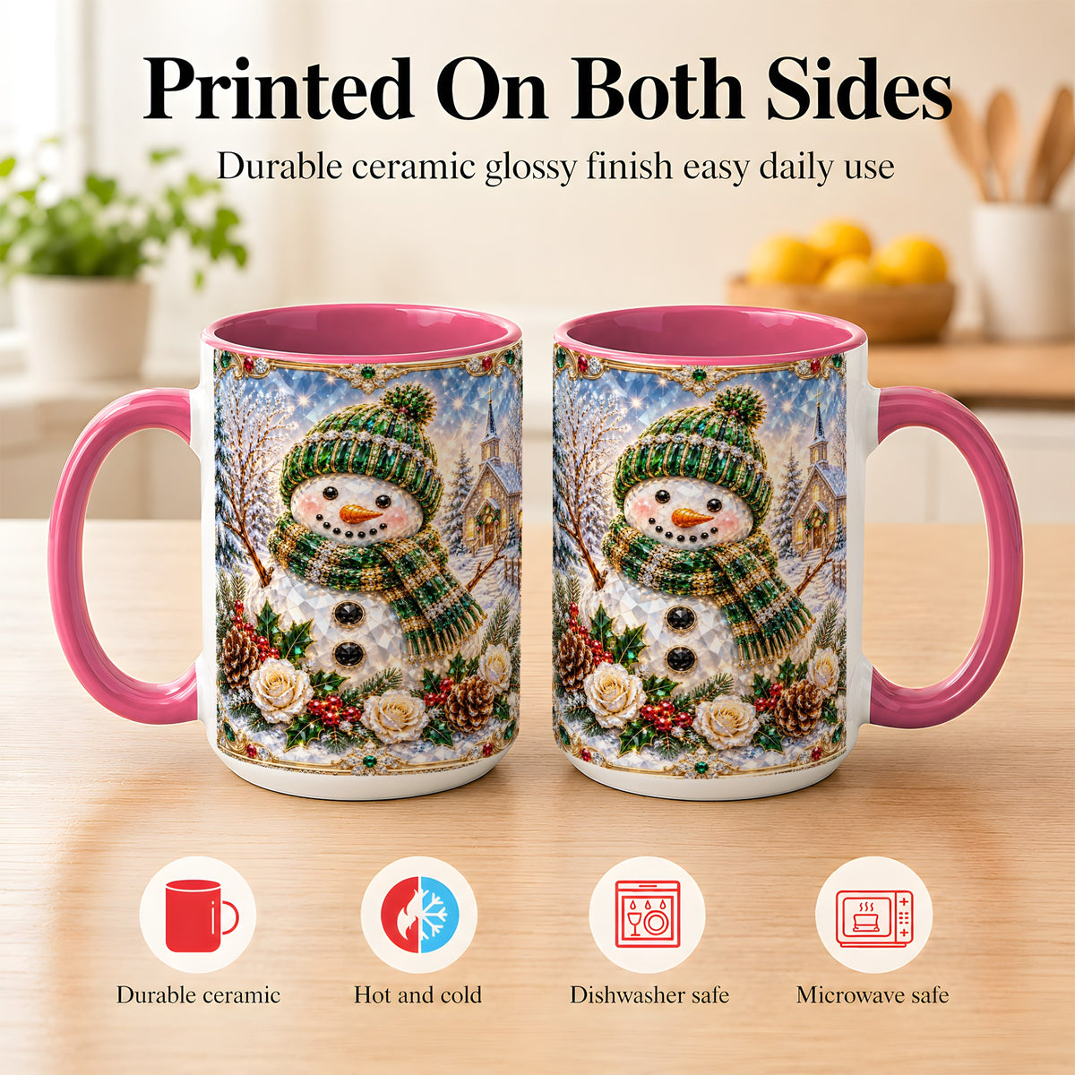 #pl[15oz|Pink] Green Snowman Coffee Mug, Winter Church Mug, Ceramic Cup