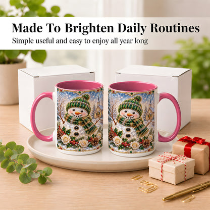 #pl[15oz|Pink] Green Snowman Coffee Mug, Winter Church Mug, Ceramic Cup