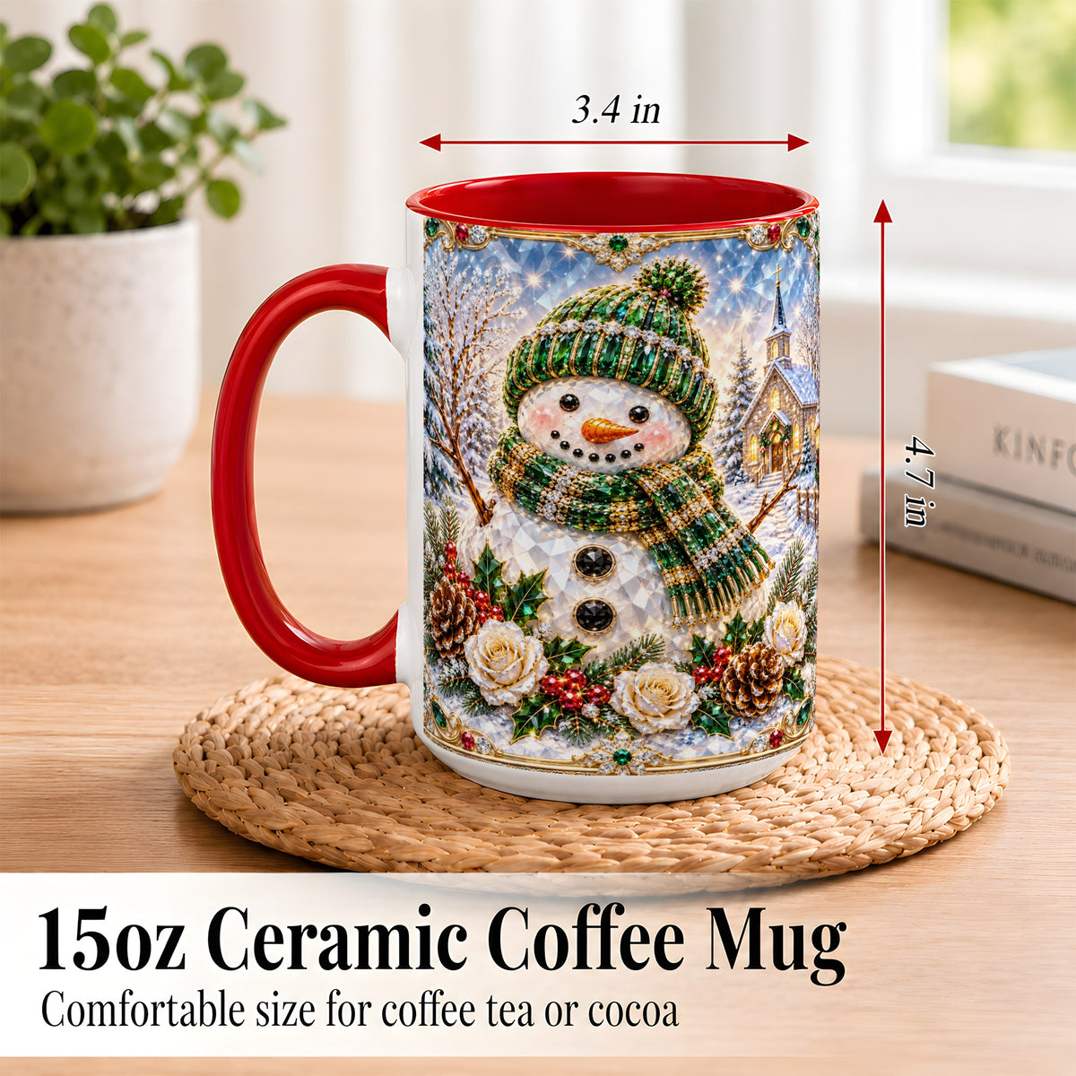 #pl[15oz|Red] Green Snowman Coffee Mug, Winter Church Mug, Ceramic Cup