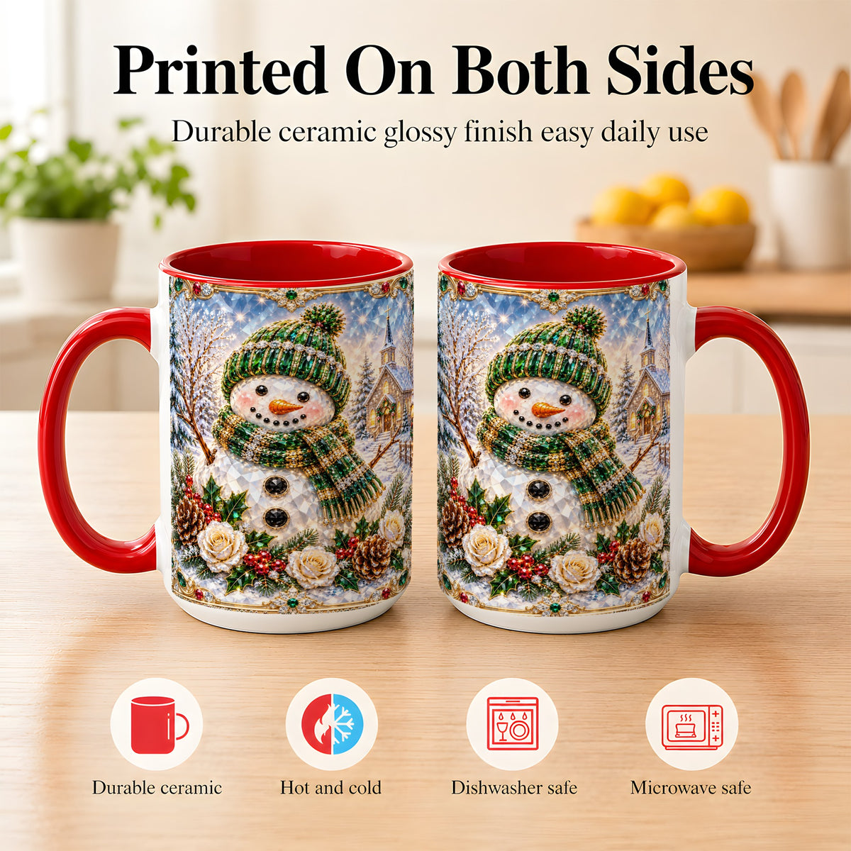 #pl[15oz|Red] Green Snowman Coffee Mug, Winter Church Mug, Ceramic Cup
