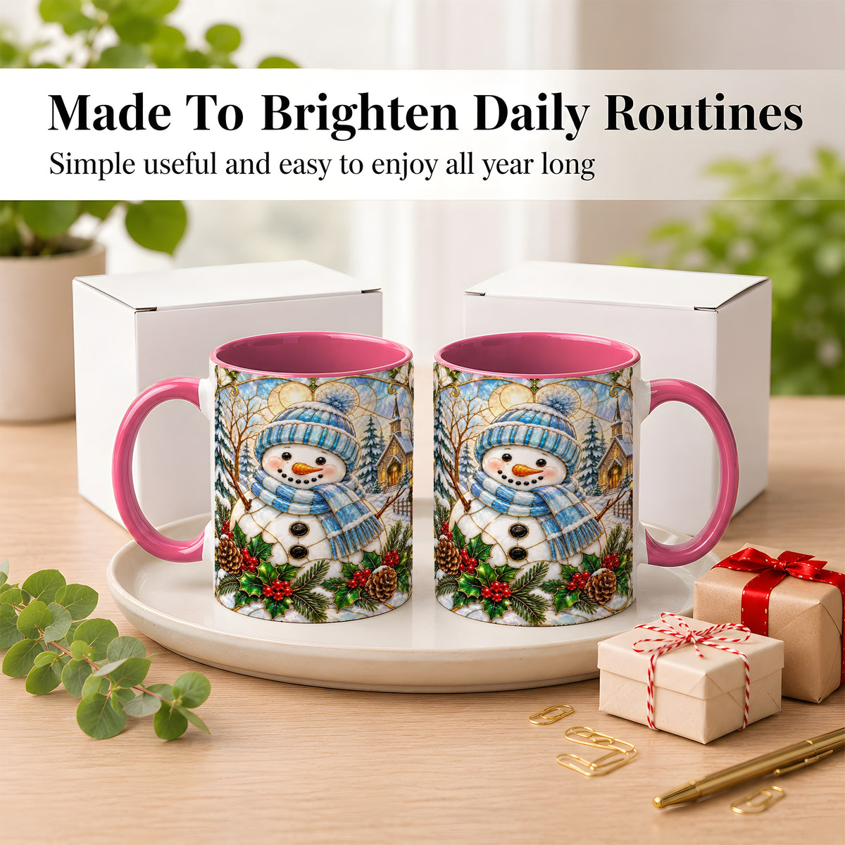 #pl[11oz|Pink] Blue Snowman Coffee Mug, Winter Church Mug, Ceramic Cup