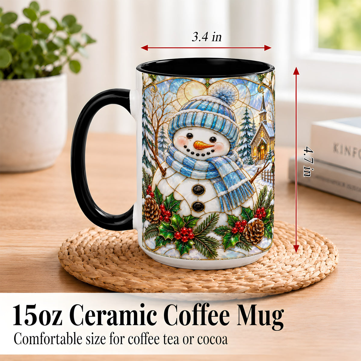 #pl[15oz|Black] Blue Snowman Coffee Mug, Winter Church Mug, Ceramic Cup
