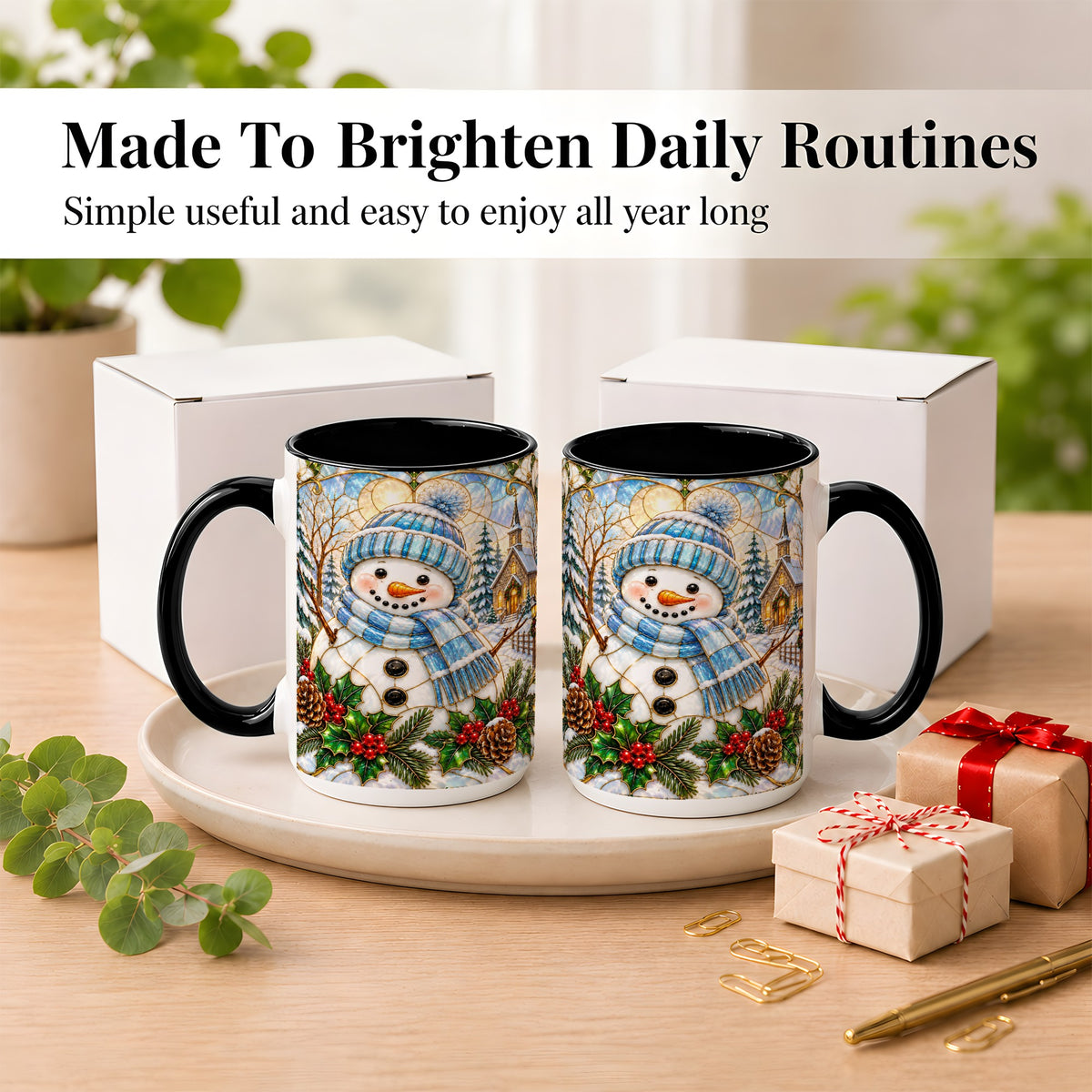 #pl[15oz|Black] Blue Snowman Coffee Mug, Winter Church Mug, Ceramic Cup