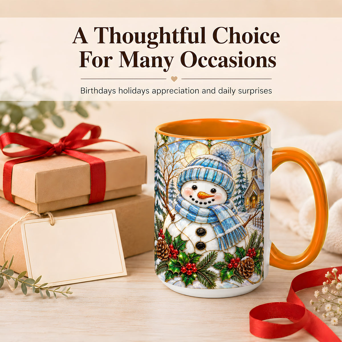#pl[15oz|Orange] Blue Snowman Coffee Mug, Winter Church Mug, Ceramic Cup
