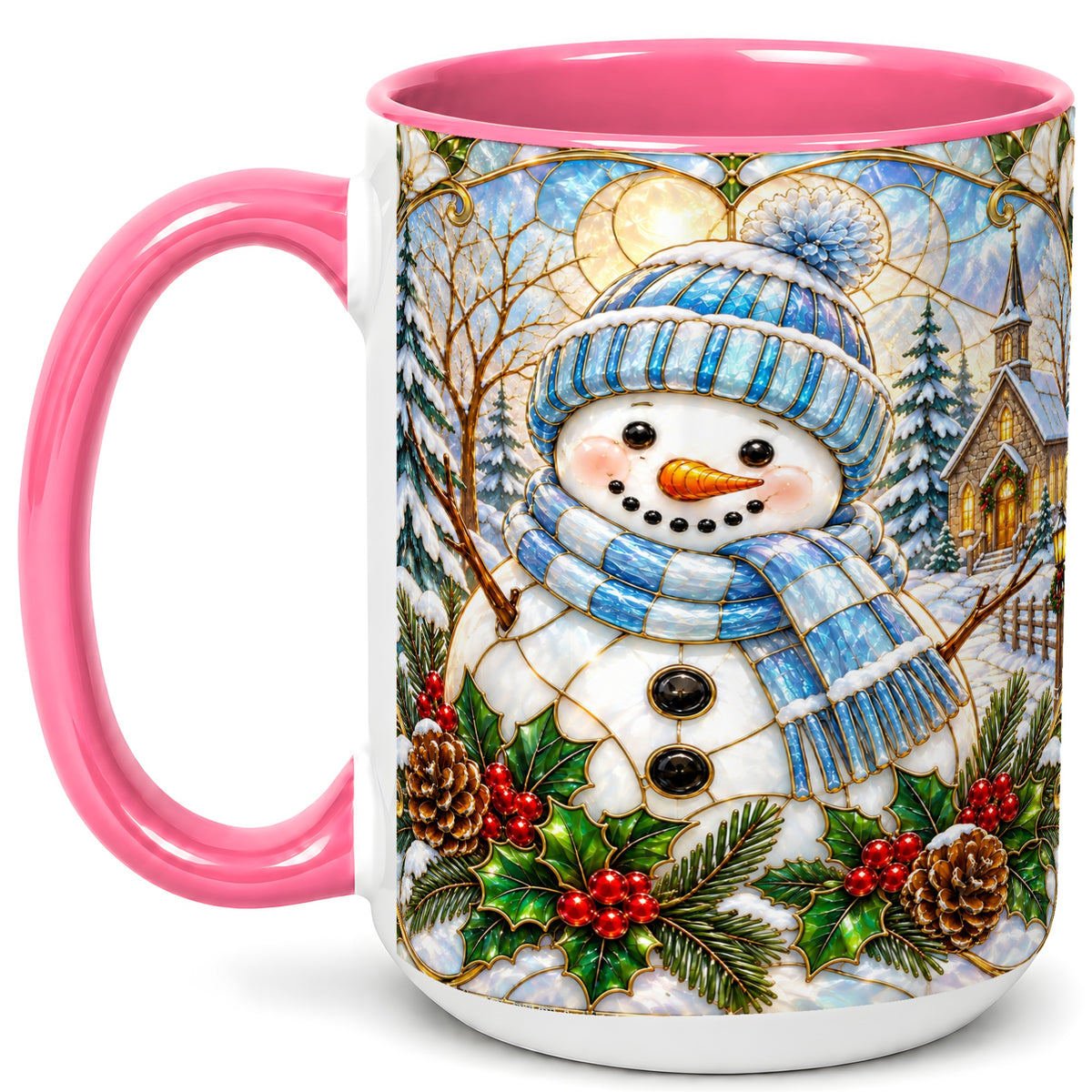 #pl[15oz|Pink] Blue Snowman Coffee Mug, Winter Church Mug, Ceramic Cup