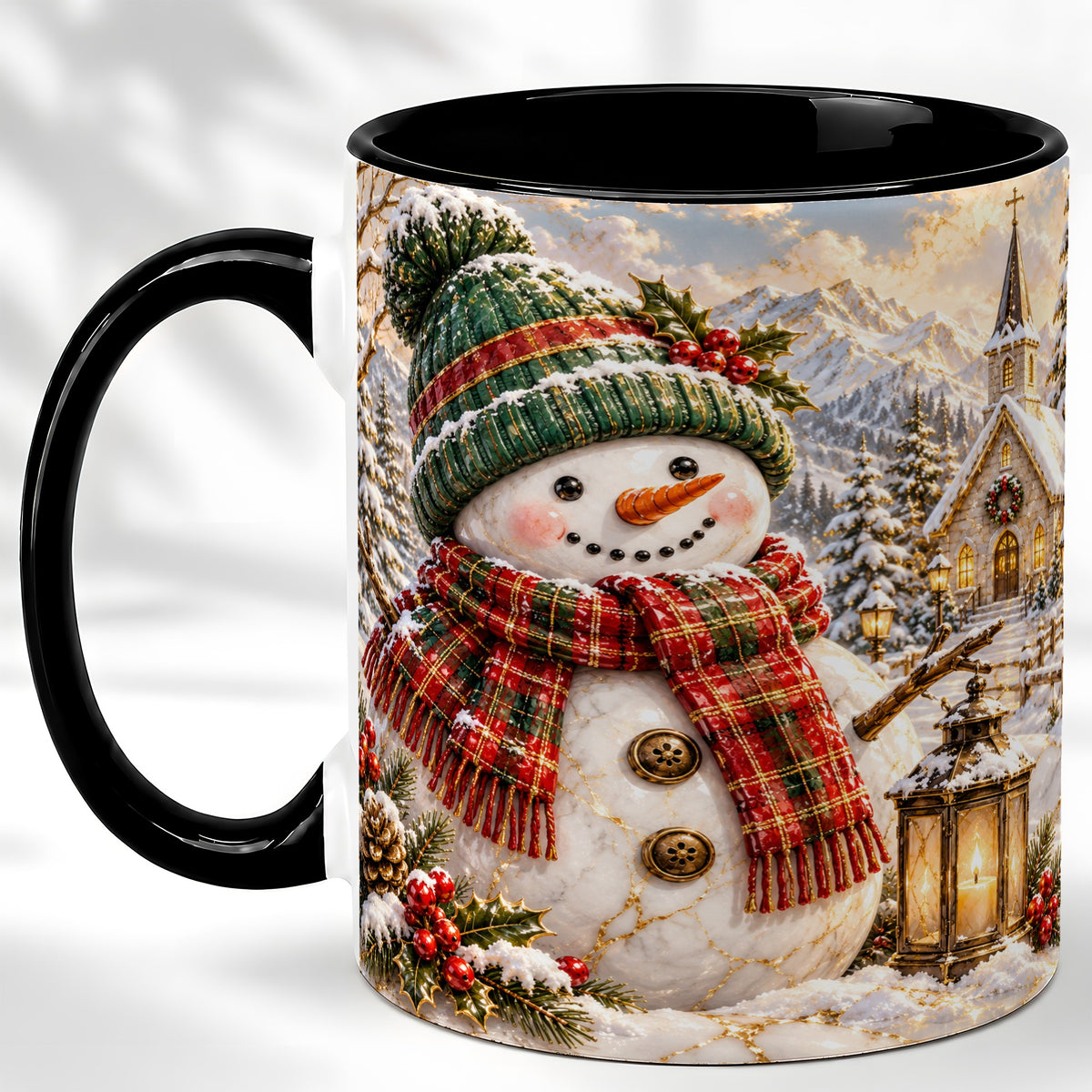 #pl[11oz|Black] Snowman Chapel Coffee Mug, Winter Snowman Mug, Ceramic Cup