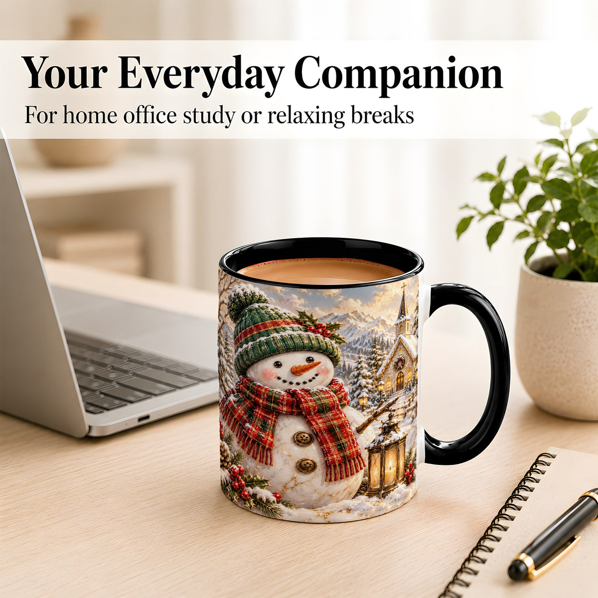 #pl[11oz|Black] Snowman Chapel Coffee Mug, Winter Snowman Mug, Ceramic Cup