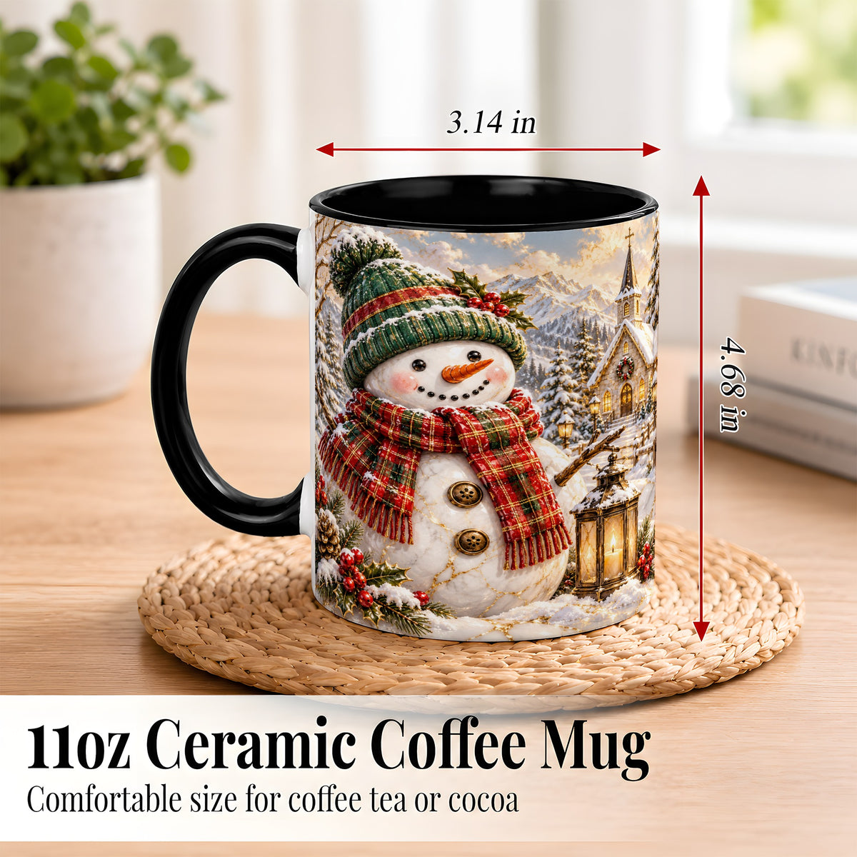 #pl[11oz|Black] Snowman Chapel Coffee Mug, Winter Snowman Mug, Ceramic Cup