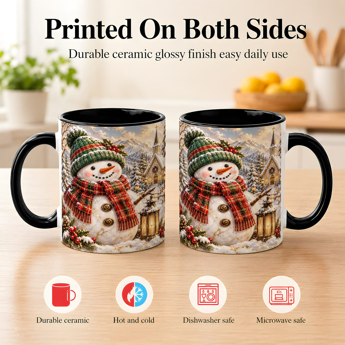 #pl[11oz|Black] Snowman Chapel Coffee Mug, Winter Snowman Mug, Ceramic Cup