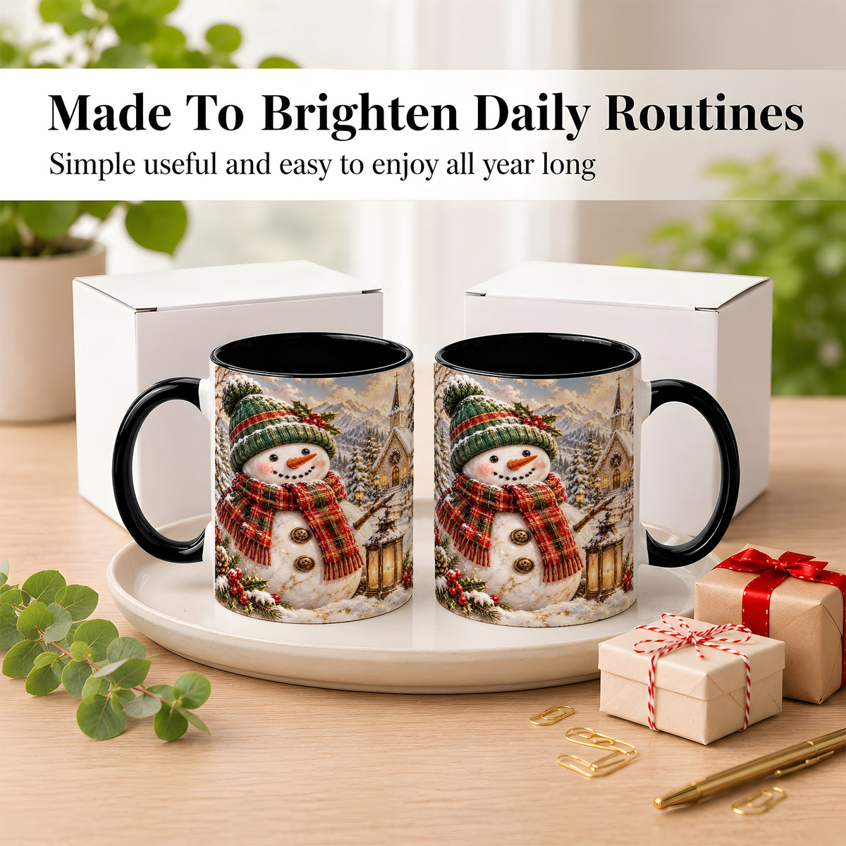 #pl[11oz|Black] Snowman Chapel Coffee Mug, Winter Snowman Mug, Ceramic Cup