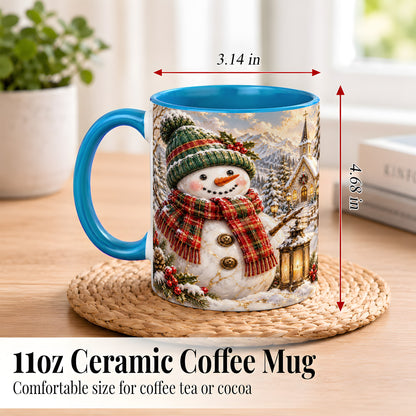 #pl[11oz|Blue] Snowman Chapel Coffee Mug, Winter Snowman Mug, Ceramic Cup