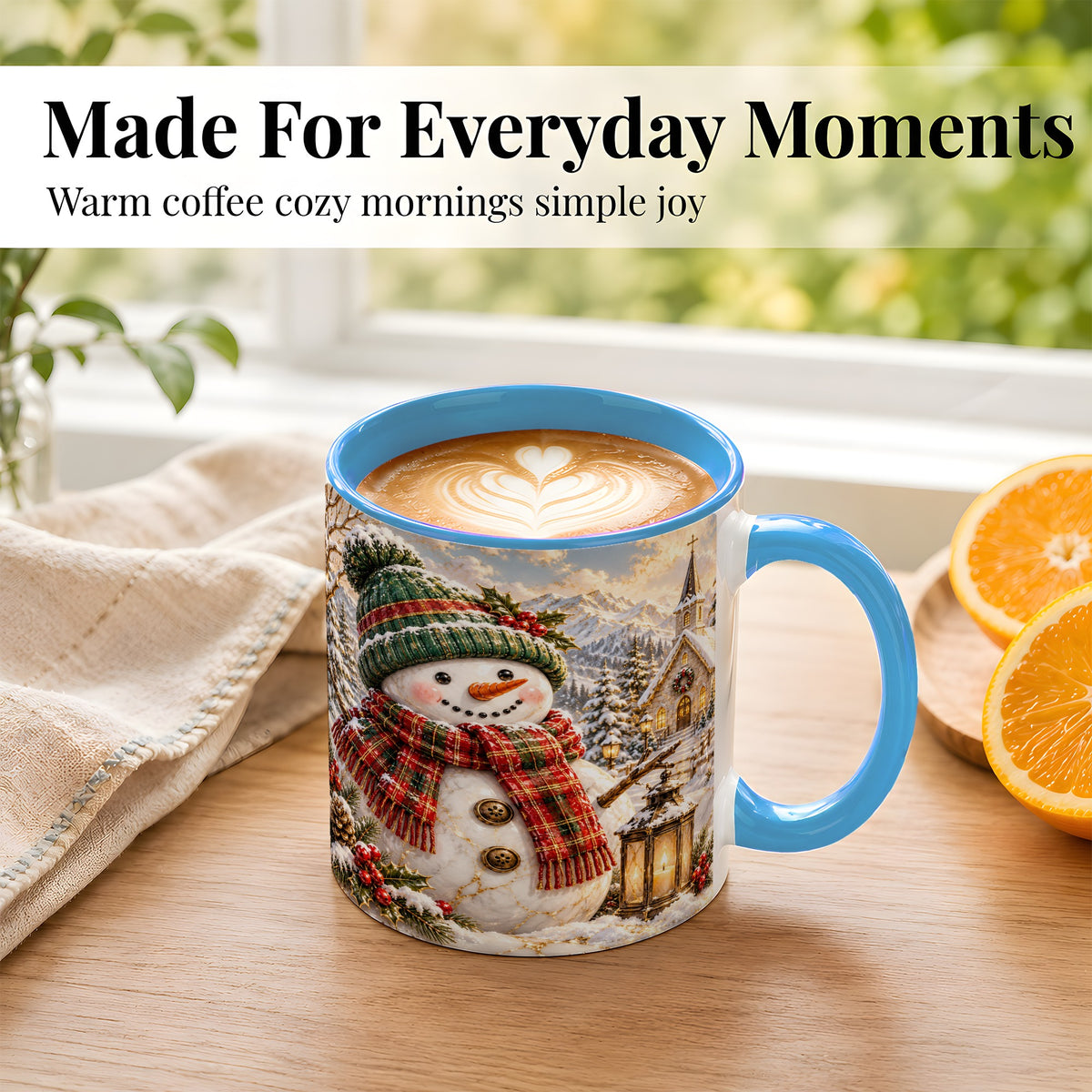 #pl[11oz|Blue] Snowman Chapel Coffee Mug, Winter Snowman Mug, Ceramic Cup