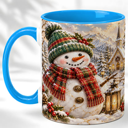 #pl[11oz|Blue] Snowman Chapel Coffee Mug, Winter Snowman Mug, Ceramic Cup