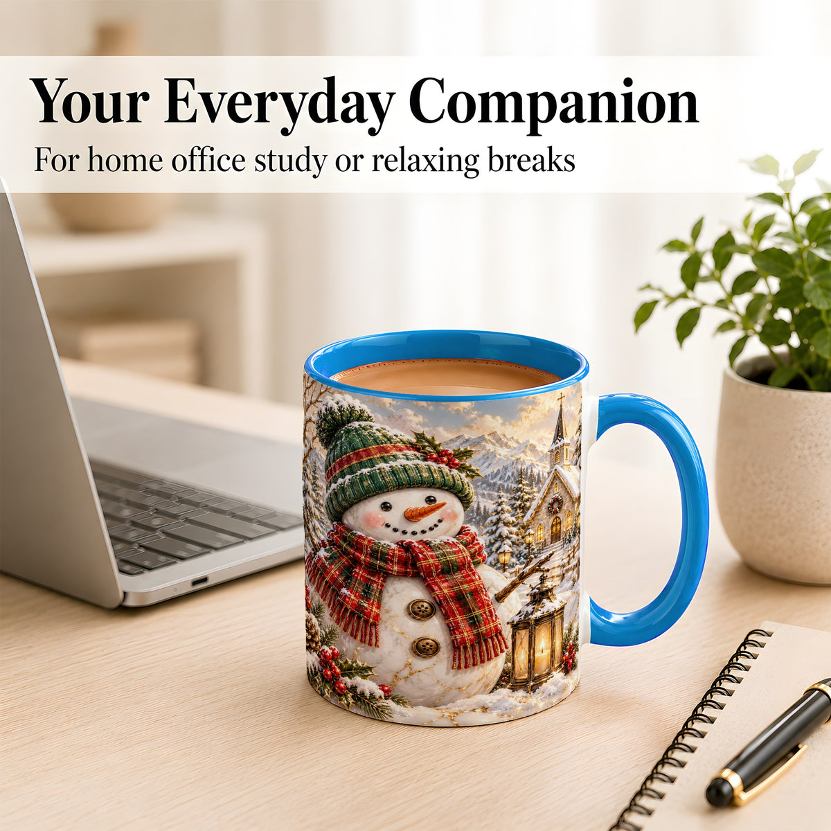 #pl[11oz|Blue] Snowman Chapel Coffee Mug, Winter Snowman Mug, Ceramic Cup