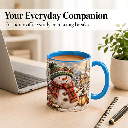 #pl[11oz|Blue] Snowman Chapel Coffee Mug, Winter Snowman Mug, Ceramic Cup