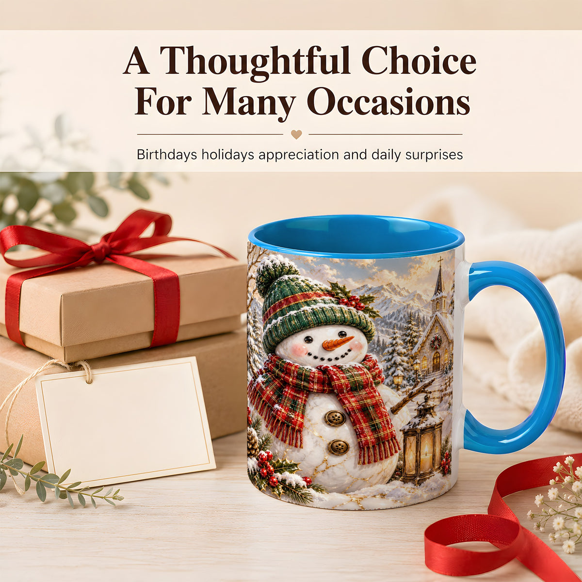 #pl[11oz|Blue] Snowman Chapel Coffee Mug, Winter Snowman Mug, Ceramic Cup