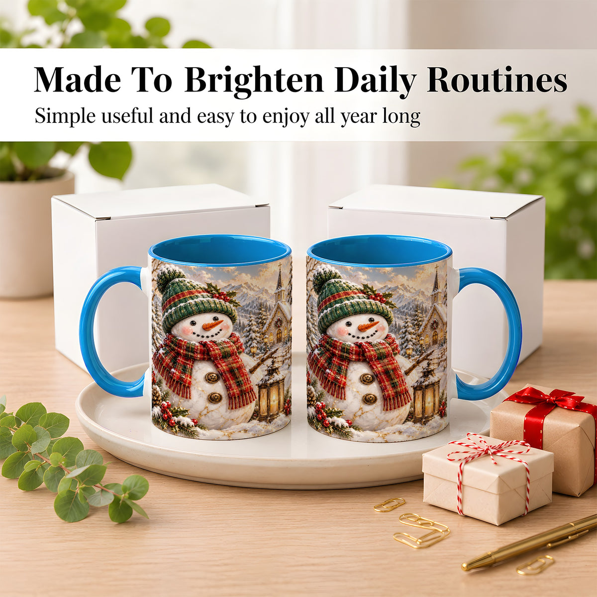 #pl[11oz|Blue] Snowman Chapel Coffee Mug, Winter Snowman Mug, Ceramic Cup