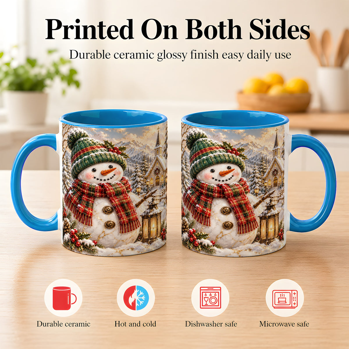 #pl[11oz|Blue] Snowman Chapel Coffee Mug, Winter Snowman Mug, Ceramic Cup